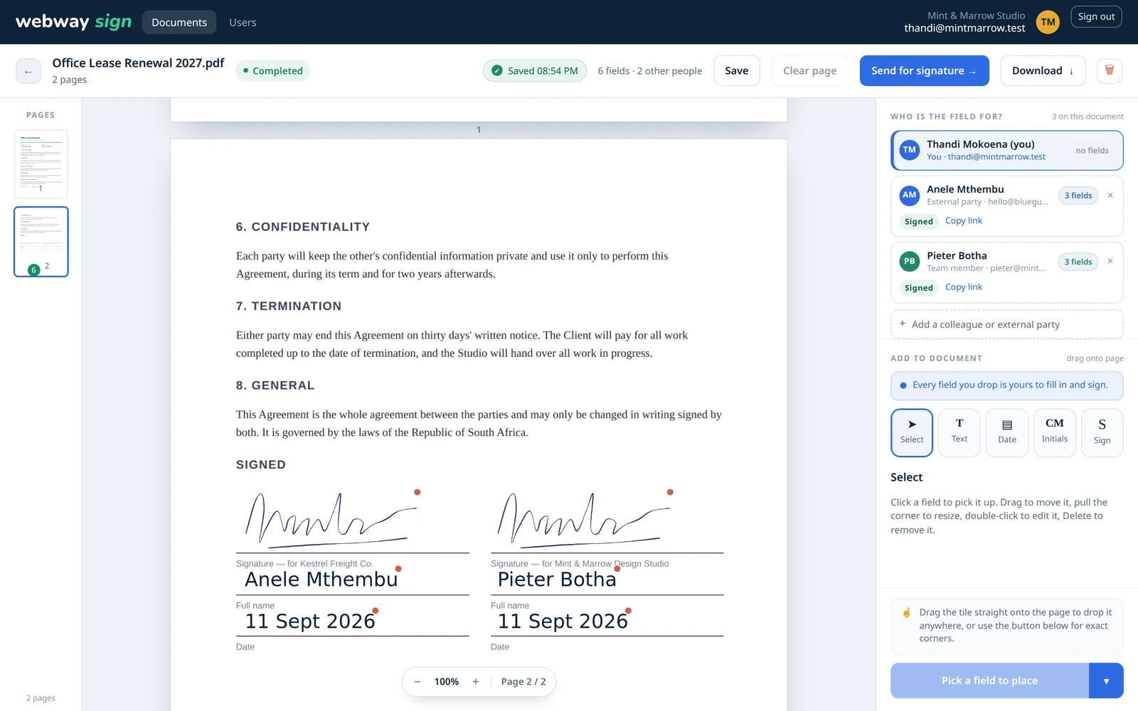 A completed lease with two signatures, names and dates on page two, and both signers marked Signed