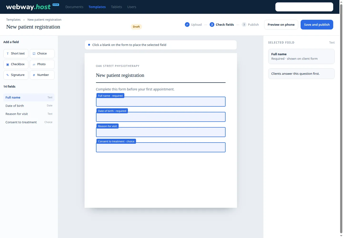 Reusable form builder with field palette, question outline, form page and selected field inspector