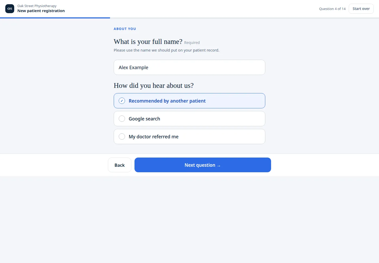 Client-facing form on a phone with progress, a required name field and selectable answers