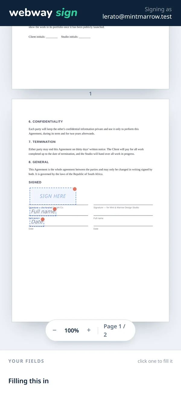 Signing fields on page two, on a phone