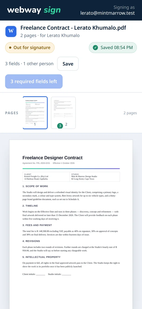 Signing page on a phone, top of a freelance contract