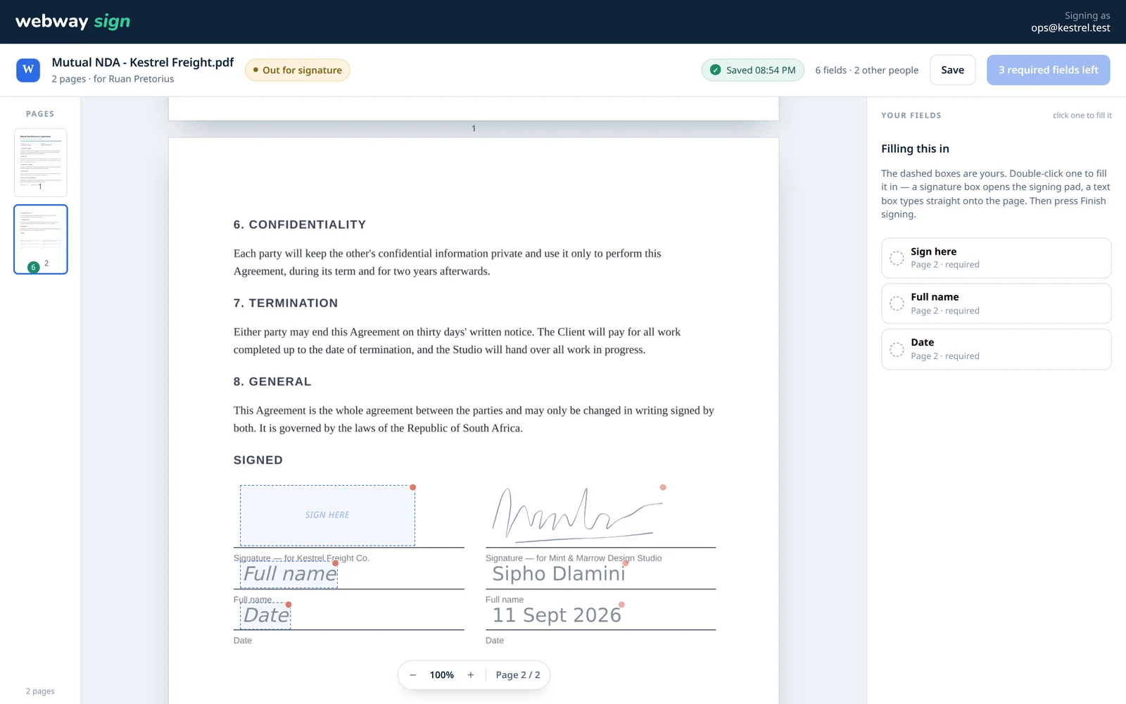 The signing page an outside party sees, with their three required fields listed